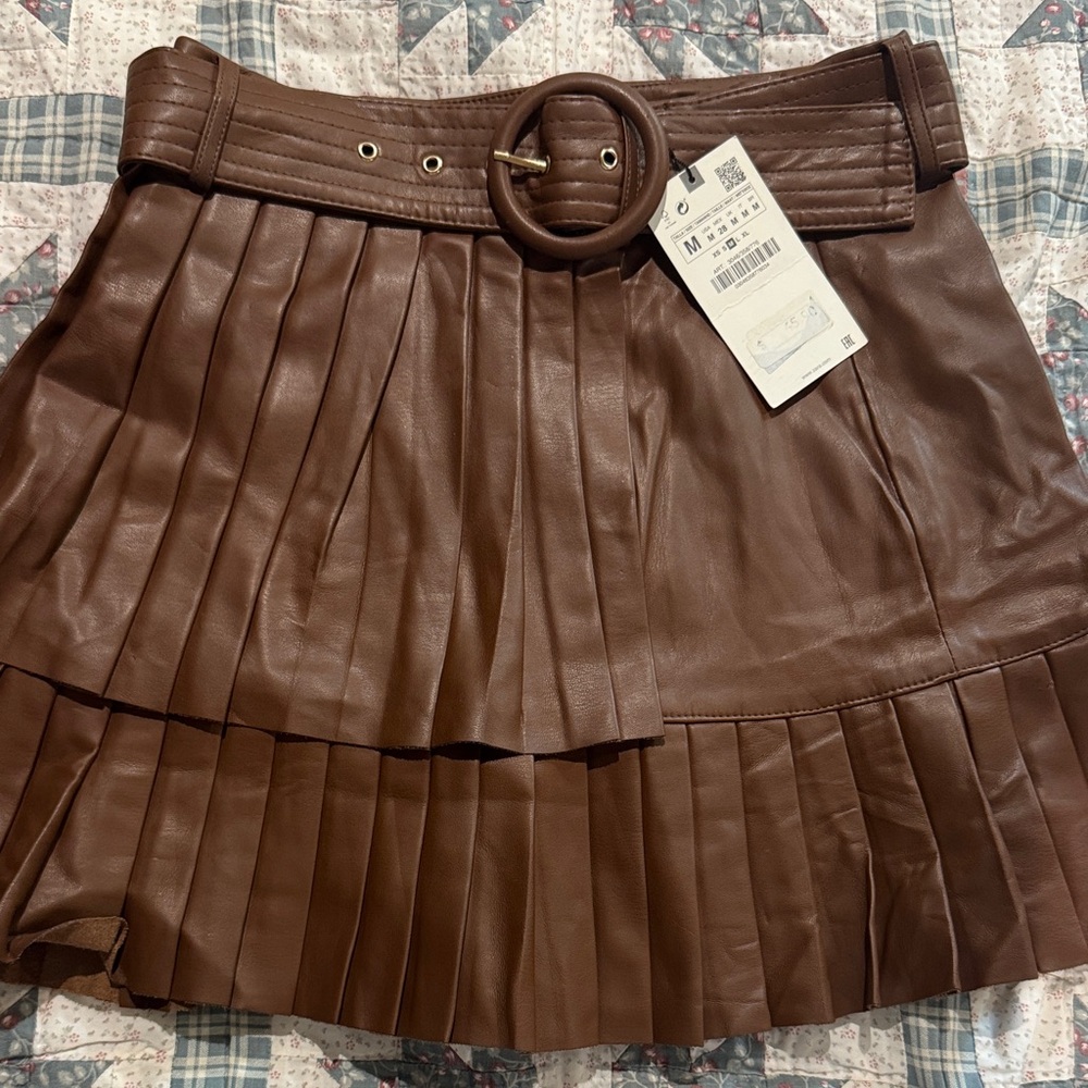 Zara Brown Pleated Faux-Leather Mini Skirt with Belt